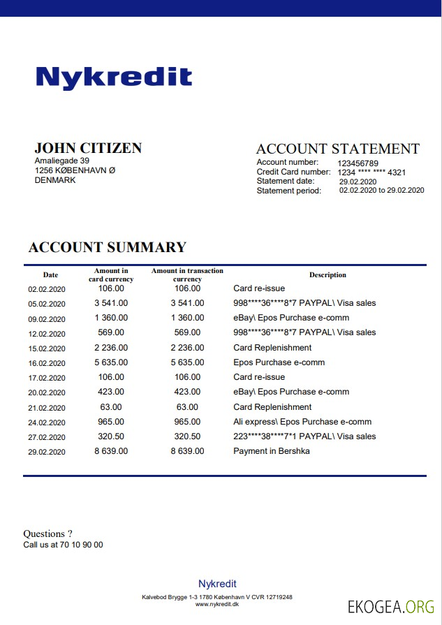 Relevé bancaire Danemark Nykredit